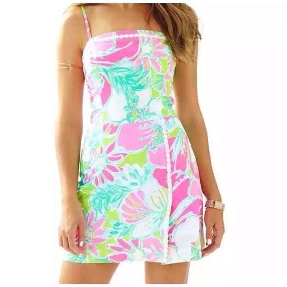 LILLY PULITZER Jesse Skort Romper Flamingo Pink Spaghetti Tropical Strap Size 0 - Picture 2 of 12